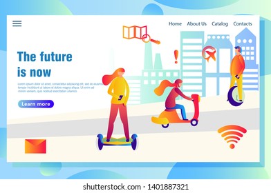 Modern technological smart city web page concept, with people using high-tech transport and different devices to find necessary data