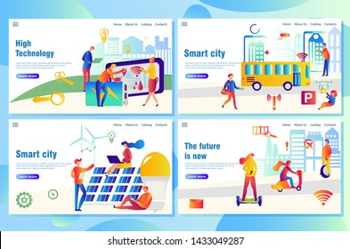 Modern technological smart city web landing page concept, with people using high-tech devices to find necessary data