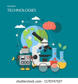 Modern technologies concept vector illustration. New robotics, microscope and laboratory glassware, human brain etc. Flat style design element for website template, poster, banner etc.
