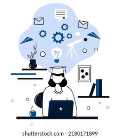 Modern technologies. The girl is sitting and doing. Studies. Vector stock illustration. Digital. Webinar.Online learning. Academician