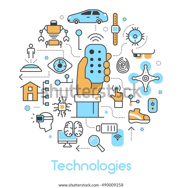 Modern Technologies Line Art Thin Vector\
Icons Set with Smart House and\
Quadrocopter