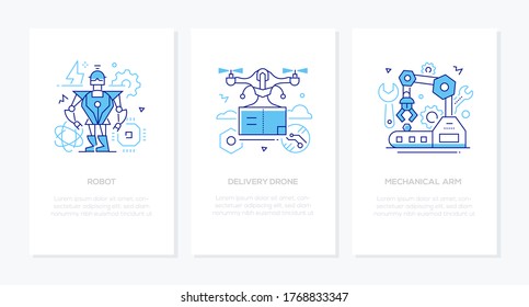 Modern technologies - line design style banners set. Thin linear illustrations with place for your text. Images of a robot, mechanical arm, delivery drone. Electronic smart devices, online services