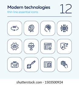 Modern technologies line icon set. 3D design, 360 degree picture, AI brain. Development concept. Can be used for topics like artificial intelligence, innovation, science