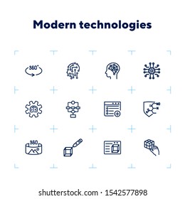 Modern technologies line icon set. 3D design, 360 degree picture, AI brain. Development concept. Can be used for topics like artificial intelligence, innovation, science