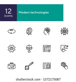 Modern technologies line icon set. 3D design, 360 degree picture, AI brain. Development concept. Can be used for topics like artificial intelligence, innovation, science