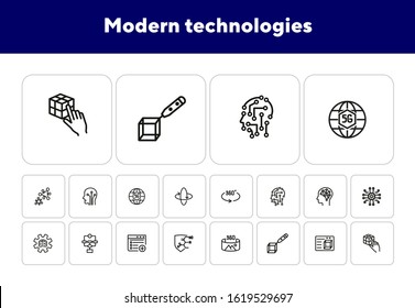 Modern technologies line icon set. 3D design, 360 degree picture, AI brain. Development concept. Can be used for topics like artificial intelligence, innovation, science