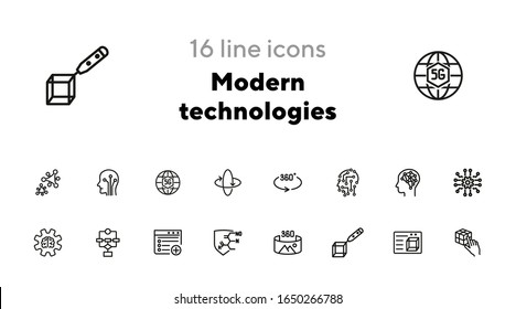 Modern technologies line icon set. 3D design, 360 degree picture, AI brain. Development concept. Can be used for topics like artificial intelligence, innovation, science