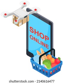 Modern technologies mobile online shopping, e-commerce, express shipping. Delivery service delivers parcel using flying drone. Contactless shopping without leaving home, payment and delivery online