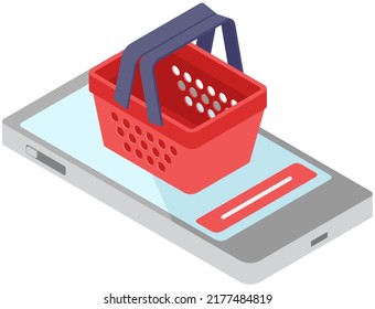 Tecnologías modernas de compra en línea móvil, comercio electrónico, envío expreso con artículos de pedido en la tienda. Compras sin contacto, pago y entrega en línea. Cesta de supermercado rojo en pantalla de smartphone