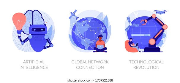 Modern Technologies Progress Metaphors. Artificial Intelligent, Global Network Connection, Technological Revolution. Tech Innovations Implementation. Vector Isolated Concept Metaphor Illustrations