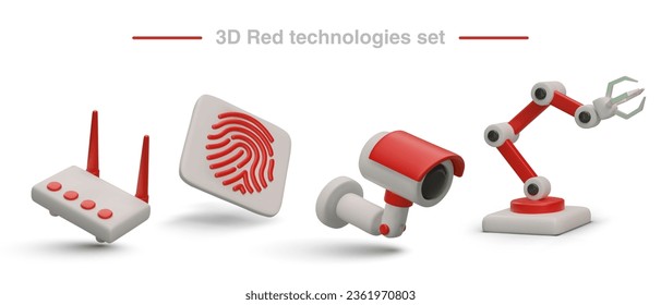 Moderne Technologien, Set von 3D-Bildern. Router, gescannter Fingerabdruck, Überwachungskamera, programmierbarer Manipulator. Rote einzelne Illustration auf weißem Hintergrund