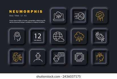Icono de conjunto de tecnologías modernas. Equipo, ojo, ojo, persona. computadora, cerebro, nube con conexiones. Chip, robot, comunicación con IA. Concepto de tecnología moderna. Estilo neomorfista. Icono de línea vectorial