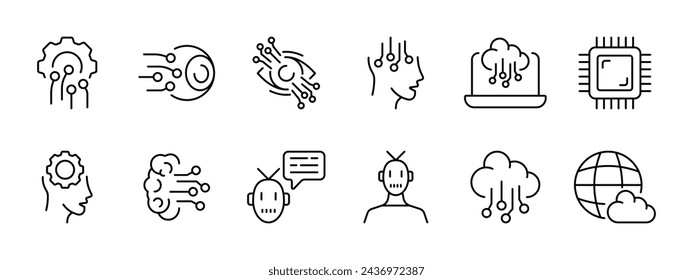 Modern technologies set icon. Gear, eyeball, eye, person. computer, brain, cloud with connections. Chip, robot, communication with AI. Modern technology concept. Vector line icon on white background.