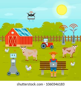 Modern technologies of smart farming flat composition with herd management drones internet of things vector illustration