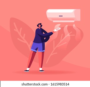 Modern Technologies and Smart Home Devices Concept. Happy Woman Controlling Temperature Condition in Apartment Using Remote Control for Air Conditioner. Cartoon Flat Vector Illustration