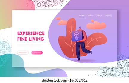 Modern Technologies and Smart Home Website Landing Page. Man Carry Light Bulb Icon for Mobile Application Controlling Lighting Condition in Apartment Web Page Banner. Cartoon Flat Vector Illustration