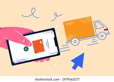 Modern technologies and transportation concept. Human hand with smartphone using credit card to organize delivery service using modern technologies vector illustration 