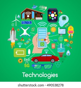 Modern Technologies Vector Icons Set with Smart House and Quadrocopter