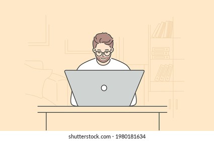 Modern technologies and working in office concept. Young positive bearded man cartoon character in glasses sitting and working on laptop at home or in office vector illustration 