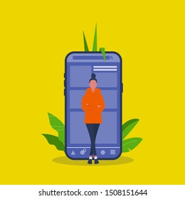 Modern technologies. Young female character leaning on a mobile phone screen. User. Millennial lifestyle. Smartphone application. Flat editable vector illustration, clip art