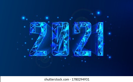 Modern technology 2021 Happy New Year banner. Neon polygonal 3D numbers - 2021 with glow and sparkle effect. 3D Hi-tech numbers. New futuristic digital design. Vector illustration 3D low poly