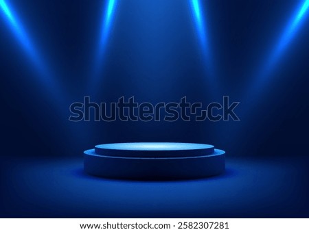 modern technology 3d circular podium illuminated by blue spotlights, perfect for award ceremonies, product showcases, or futuristic presentations in a minimalist showroom setting