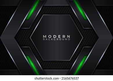 Modern Technology Abstract 3D Background Futuristic Dark Metallic with Glow Green on Hexagon Texture