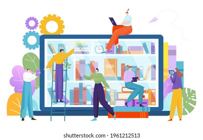 Modern technology application book library, electronic online mobile bookcase gadget flat vector illustration, isolated on white.