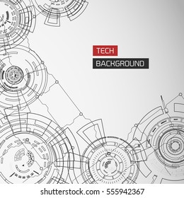 Modern technology background with detailed images of futuristic monochrome circles elements and circuitry vector illustration