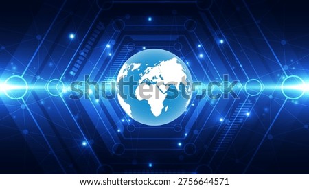 Modern technology background featuring a blue digital globe surrounded by complex network nodes and glowing light rays. Ideal for global business, AI, and big data communication themes.