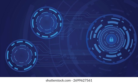 Tecnologia moderna de fundo com círculos azuis brilhantes, circuitos digitais e um ícone de cadeado de segurança simbolizando a proteção de dados, defesa cibernética e conceitos de privacidade on-line