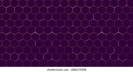 Modern technology background in honeycomb style. Bright pink and purple glow from the hexagon. Perfect for web banners, blogs, posters, postcards, cover designs.