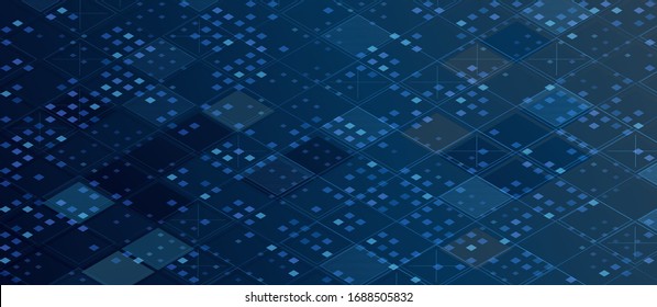 Modern Technology Background With Square Grid. Futuristic Isometric Illustration. Digital Geometric Abstraction With Lines And Points