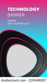 Modern technology banner in geometry style. Futuristic hi-tech colorful background. Vector illustration. Dynamic neon blue, pink line abstractions for typography, design frame for social media post.
