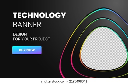Modern technology banner in geometry style. Futuristic hi-tech colorful background. Vector illustration. Dynamic neon rainbow line abstractions for typography, design frame for social media post.