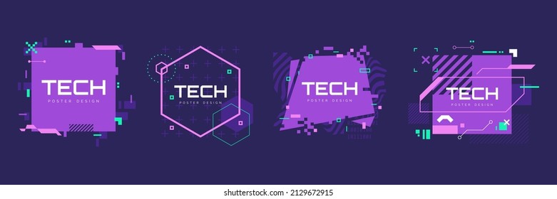 Modern technology banners collection in cyberpunk style. Abstract sci-fi text boxes with glitch effect. Futuristic hi-tech badges. Colorful glitchy background set. Vector illustration.