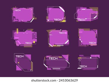 Colección de Anuncios de tecnología moderna en estilo cyberpunk. Abstractas cuadros de texto de ciencia ficción con efecto glitch. Insignias futuristas de alta tecnología. Colorido conjunto de fondo brillante. Ilustración vectorial.