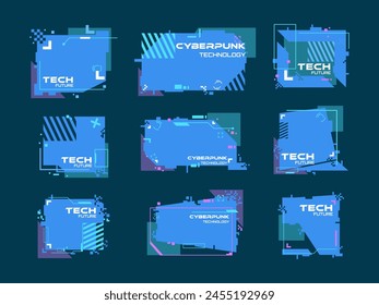 Modern technology banners collection in cyberpunk style. Abstract sci-fi text boxes with glitch effect. Futuristic hi-tech badges. Colorful glitchy background set. Vector illustration.