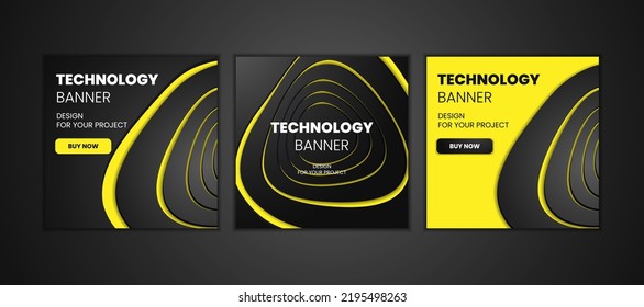 Colección de banners tecnológicos modernos en estilo geométrico. Futurista fondo amarillo de alta tecnología. Ilustración vectorial. Abstracciones dinámicas de neón para tipografía, marco de diseño para publicación en medios sociales