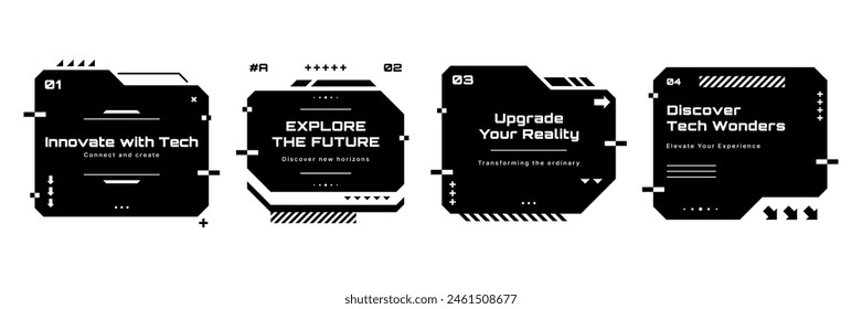 Modern technology banners. Text boxes set in abstract tech style. Modern logo in cyberpunk style. Technology hi-tech design. Vector illustration.