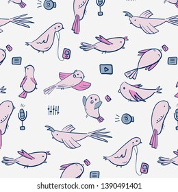 Modern technology birds with mp3, microphone, player and music elemnts. Hand-drawn birds doodles.  Cool scandivian style illustration pattern