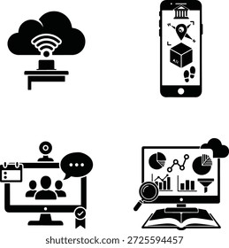 Tecnología moderna y conceptos de negocio Ilustración vectorial Video de diseño plano con computación en la nube, dispositivos inteligentes, conferencias y análisis de datos