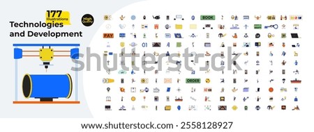 Modern technology cartoon flat illustrations mega bundle. 3D printer, cosmos, manufacturing. Digital devices 2D images isolated on white. Robotics, mobile phone app collection vector drawings colorful
