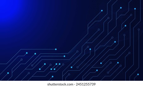 Moderne Technologie-Platine. Abstrakte Scifi PCB-Trace-Datenübertragung mit Wellenfluss auf dunkelblauem Hintergrund. Vektorillustration.