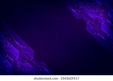 Modern technology circuit board. Abstract Scifi PCB trace data transfer with wave flow on dark purple background. Vector illustration.