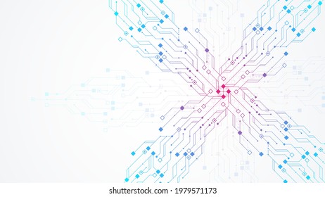 Modern technology circuit board texture background design. Quantum computer technologies concepts, large data processing. Futuristic blue circuit board background. Minimal vector motherboard.