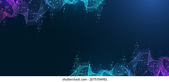 Modern technology circuit board texture background design. Waves flow. Quantum explosion technology. Quantum computer technologies concepts. Futuristic blue circuit board background vector motherboard