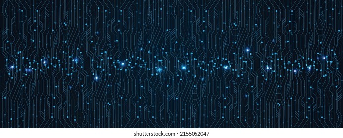 Moderne Technologie Schaltkreis Textur Hintergrund Design. Quantencomputer Technologien Konzepte, große Datenverarbeitung. Futuristisch blauer Leiterplattenhintergrund. Minimale Vektorplatine
