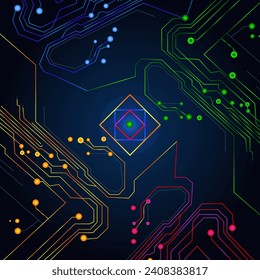 Modern technology circuit board texture background design. Neurons and electronic tracks on the motherboard. Quantum explosion technology. Quantum computer technologies concept.