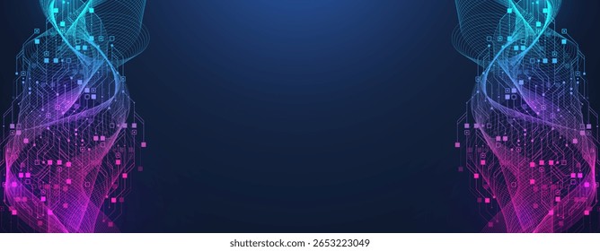 Modern technology circuit board texture background design. Quantum computer technologies concepts, large data processing. Futuristic blue circuit board background. Minimal vector motherboard